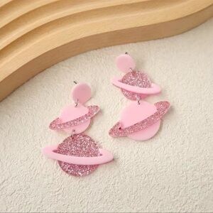 Sparkle Pink Saturn Planet Acrylic Drop Stud Earrings